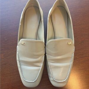 Michael Kors Women’s Beige Leather Slip-On Loafers with Gold MK Accents